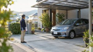 自宅のカーポートで書類を持ち車を見つめる男性