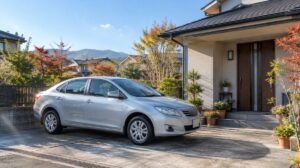 自宅の駐車場に停まる、手入れされた年数のたった乗用車