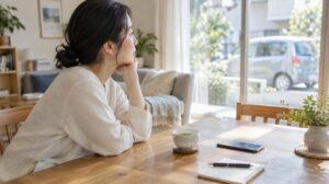 スマートフォンを置いて車の売り方を落ち着いて考える女性