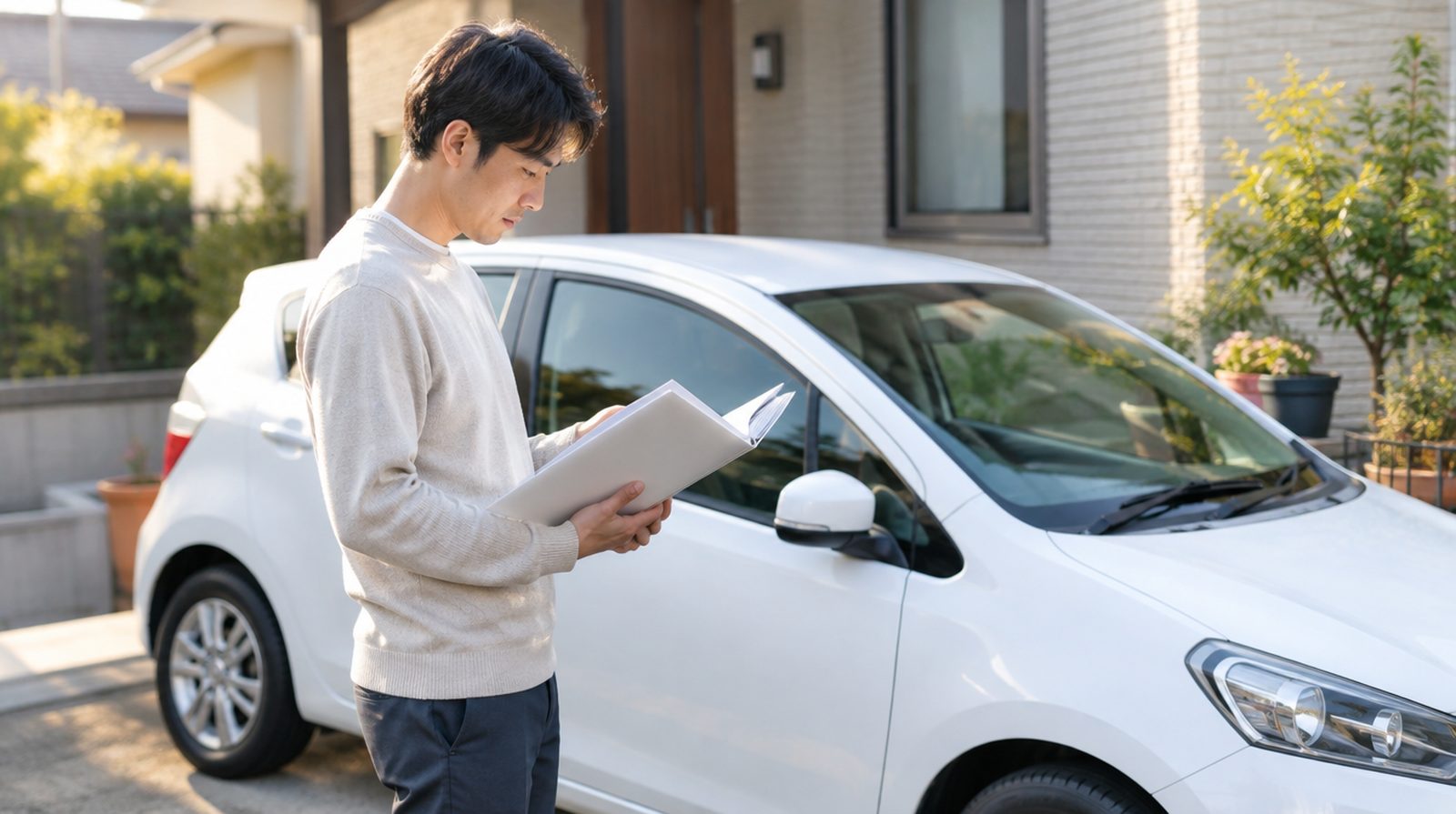ローン中の車の売却を考え、書類を手に車の横に立つ人