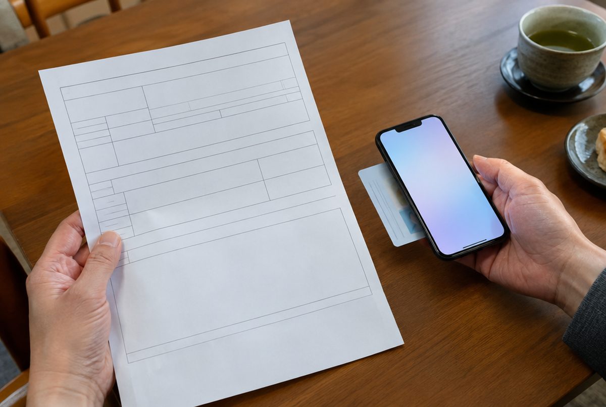 車検証の記録事項とスマートフォンで所有者欄を確かめる手元