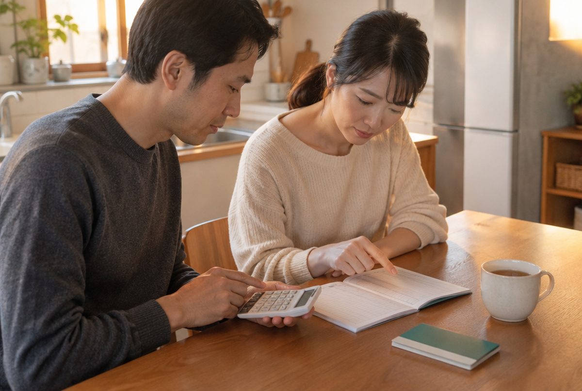 不足分の払い方を家計簿と電卓で話し合う夫婦