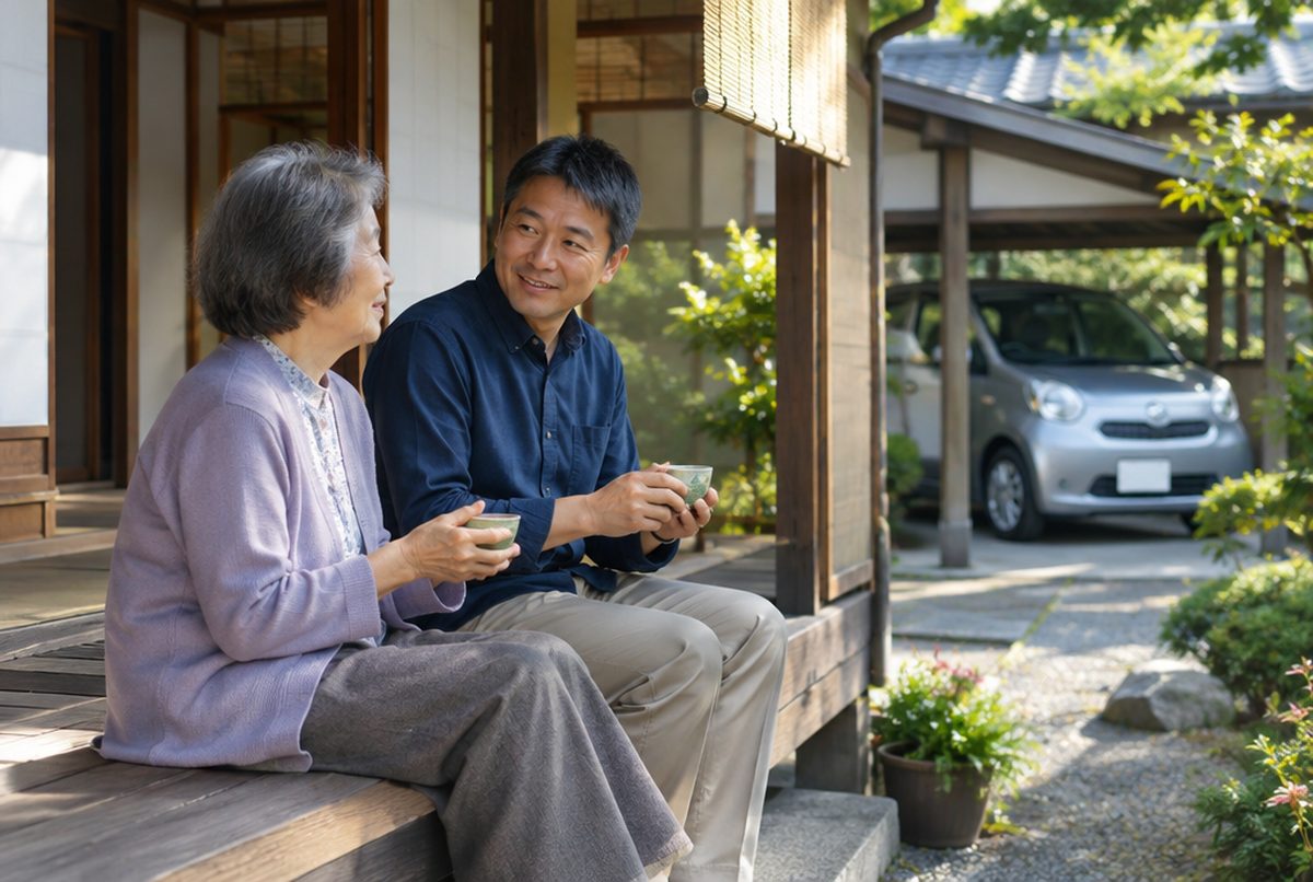 親の車について実家の縁側で話し合う親子