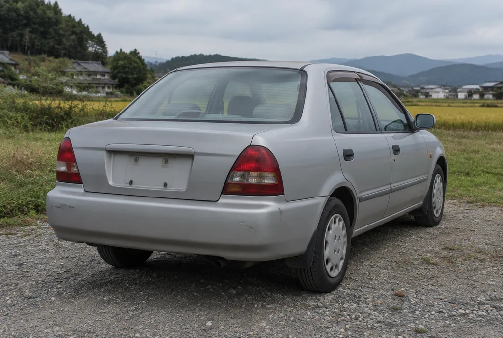 田畑のそばの砂利の駐車場に止めた、年数のたった銀色のセダン