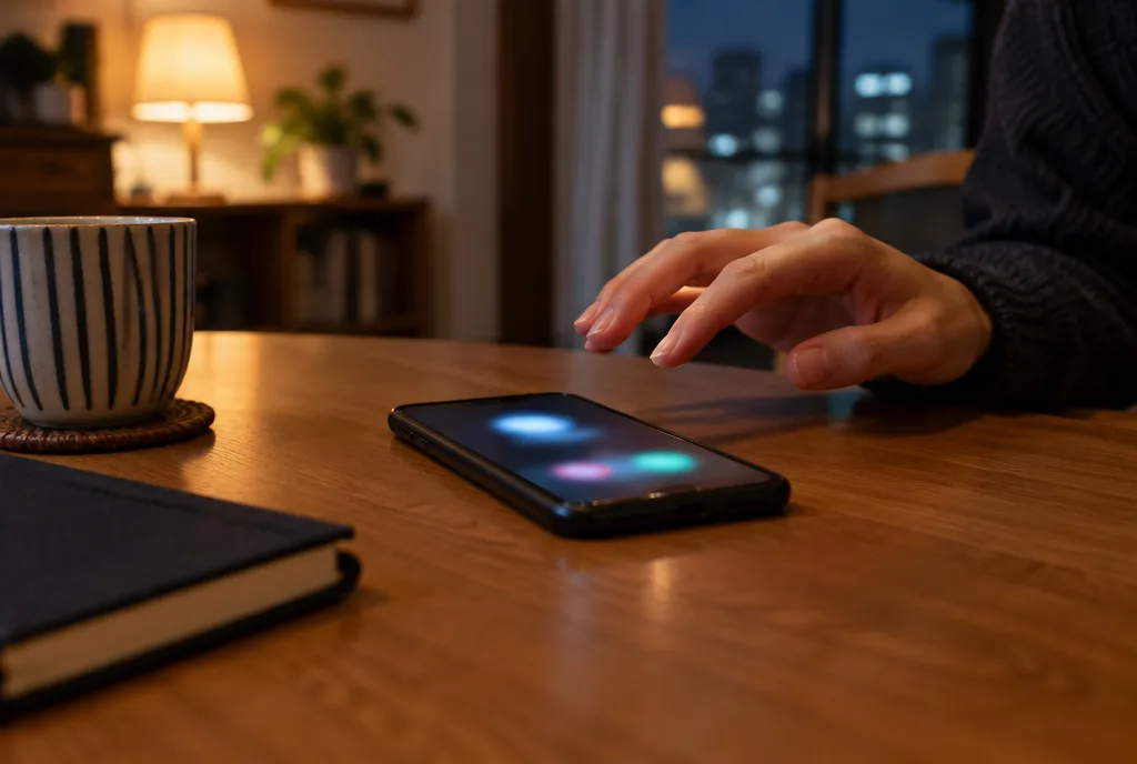 夜の食卓で着信が光るスマートフォンと、出るのをためらう手
