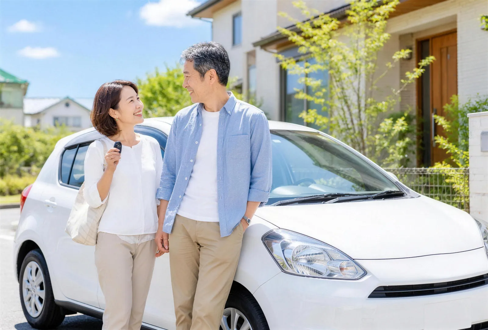 晴れた日、家の前に止めた白いコンパクトカーのそばで、笑顔で話す夫婦