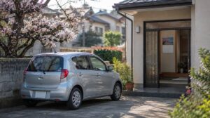 春の住宅街の駐車場にとめた車。売るタイミングを考える場面